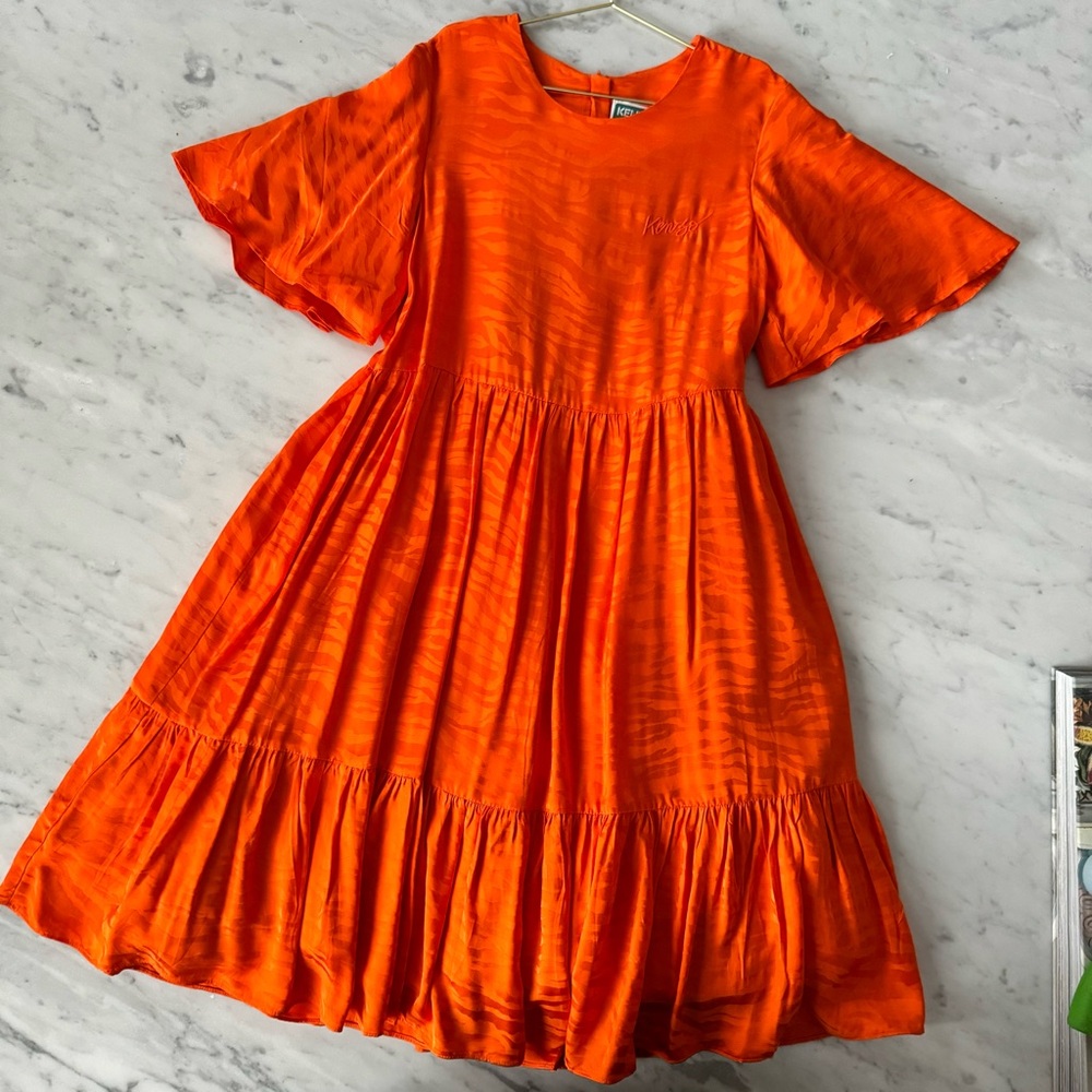 Kenzo Girl’s 12Y Tiered ORANGE TIGER STRIPE Viscose DRESS Wide Sleeves Lined